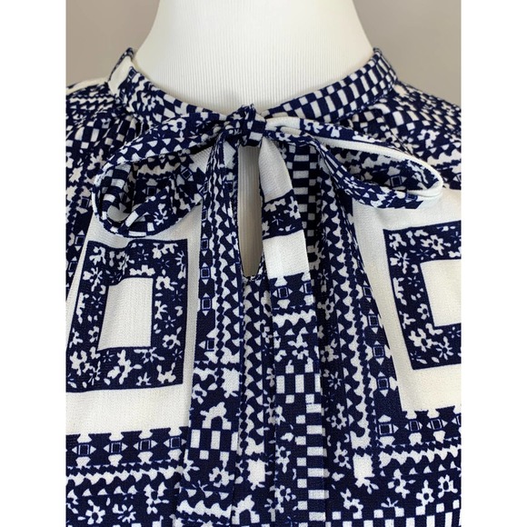 Vintage 70s Bold Geo Graphic Blue White PUS8Y Bow Lilac Mood Style Buttons ~SZ M - Picture 4 of 13